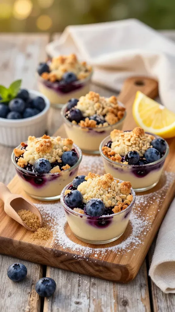 Small glass cups filled with layers of cream, blueberry compote, fresh blueberries, and crumble topping, dusted with…