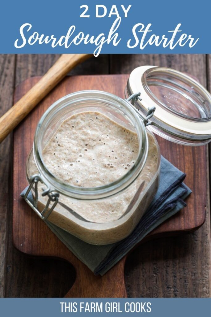 Sourdough starter in a clear glass clamp-top jar, showing active bubbles on the surface.