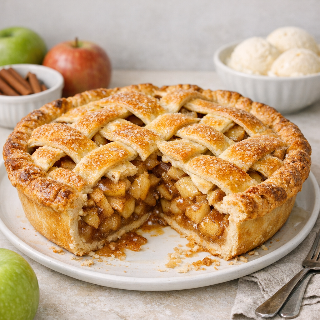 A whole apple pie with a lattice crust, a slice removed to show the cooked apple filling inside.