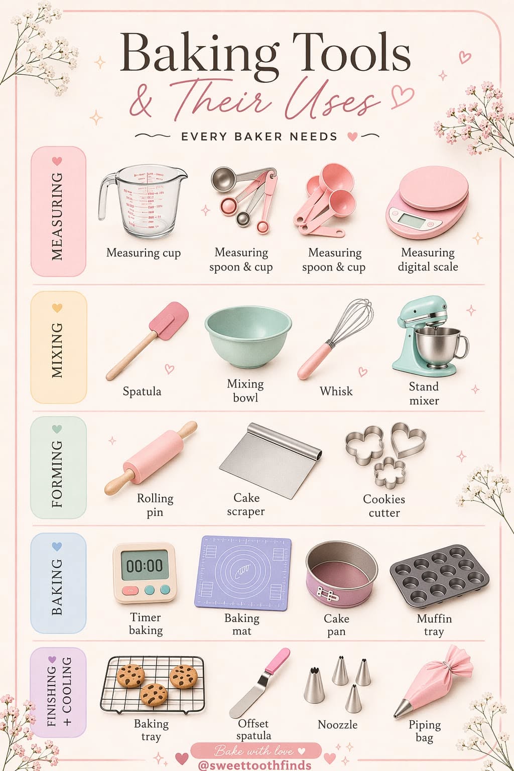 A graphic showing various baking tools organized into categories: Measuring, Mixing, Forming, Baking, and Finishing +…