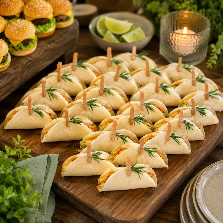 Many mini soft tacos, filled and folded, each held with a small wooden clothesline-style clip and topped with a fresh herb…