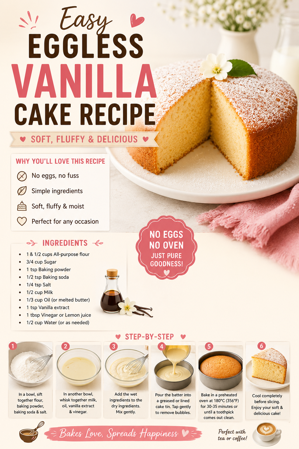 Round vanilla cake dusted with powdered sugar, with one slice removed, beside a recipe list and step-by-step instructions