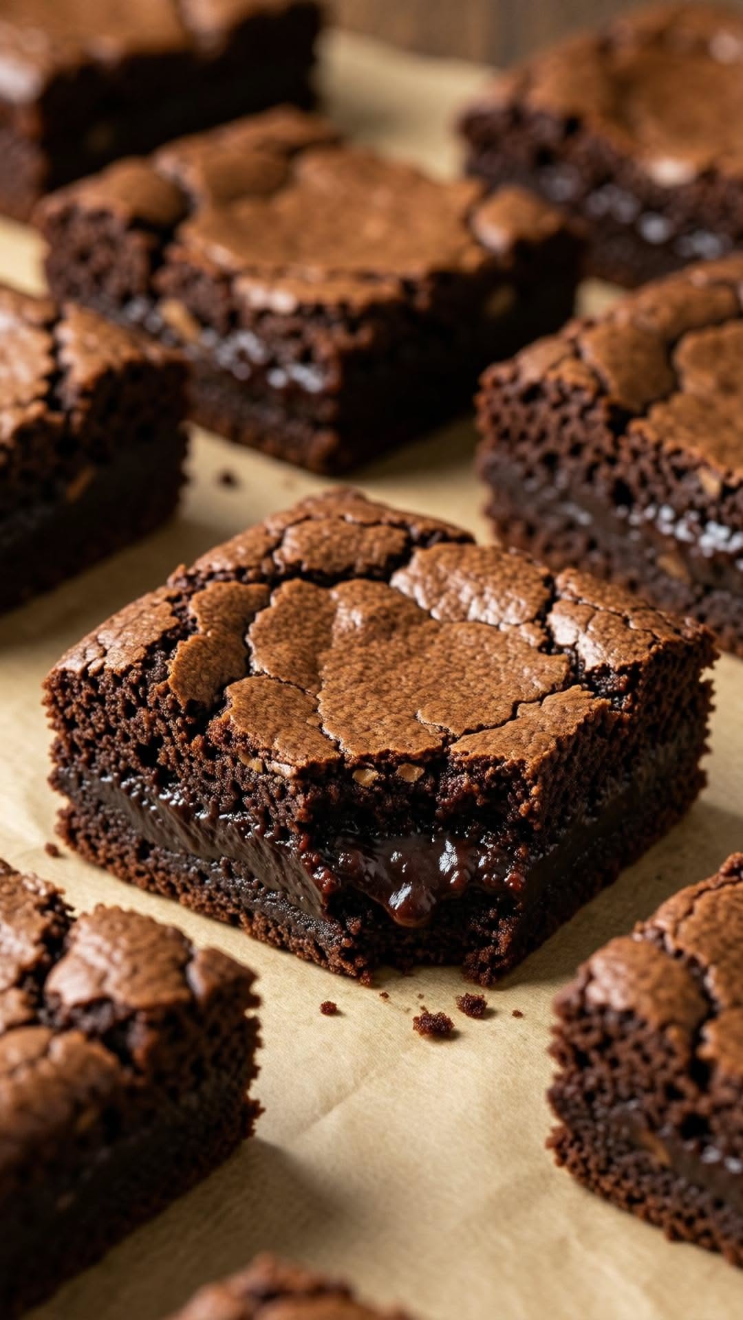 Close-up of a square chocolate brownie with a bite taken out, revealing a gooey, fudgy center, on a sheet of parchment paper…