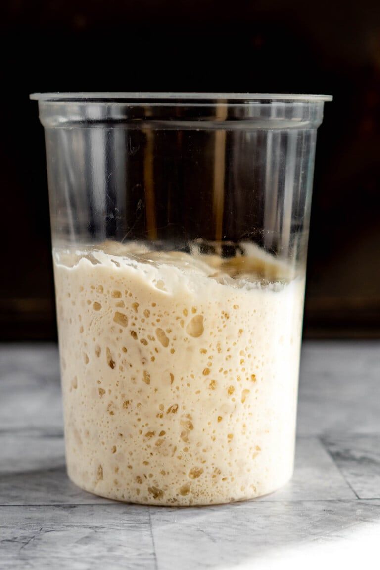 Bubbly, active sourdough starter in a clear container, showing fermentation bubbles throughout the mixture.