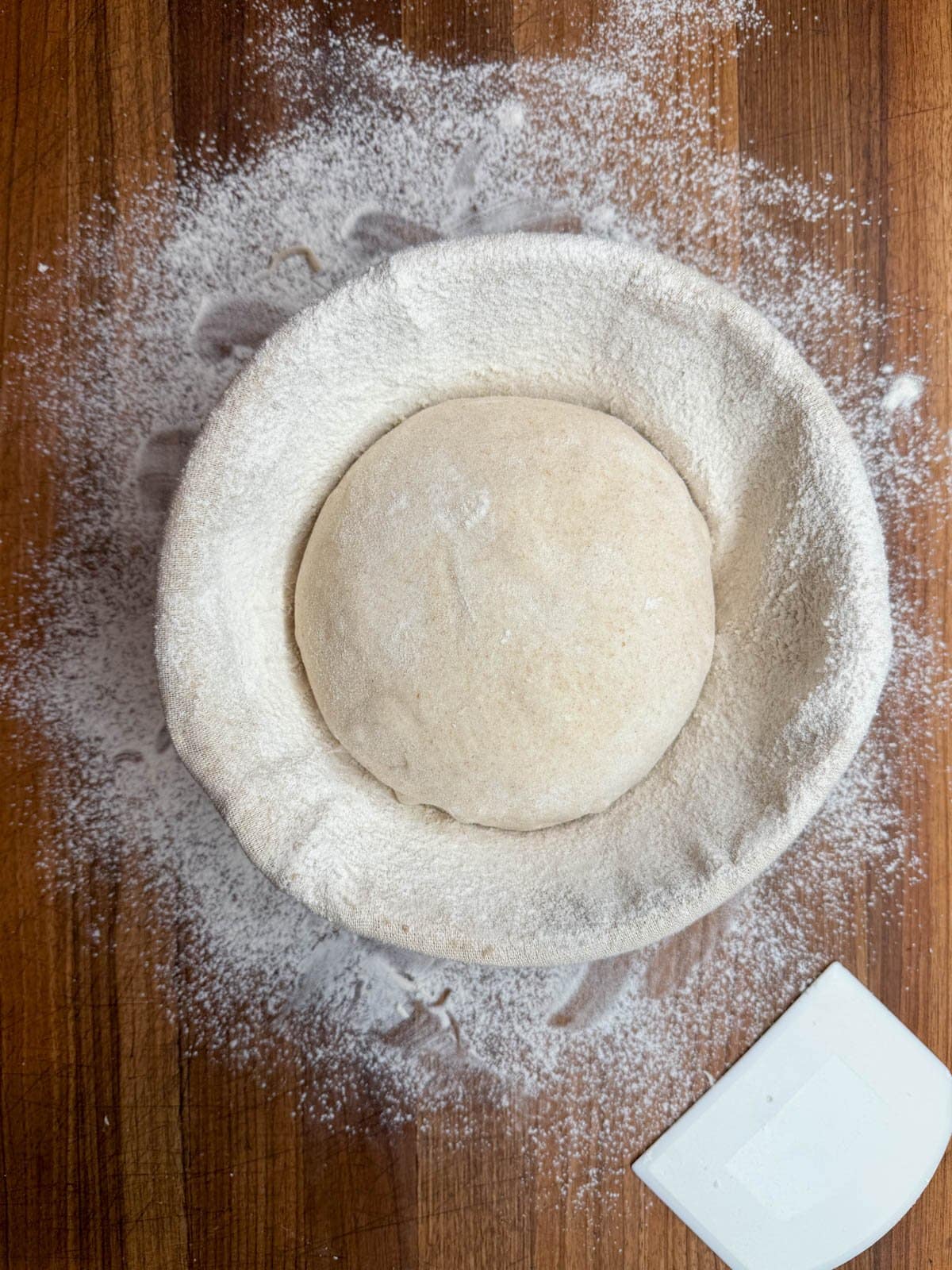 Round sourdough loaf proofing in a lined basket