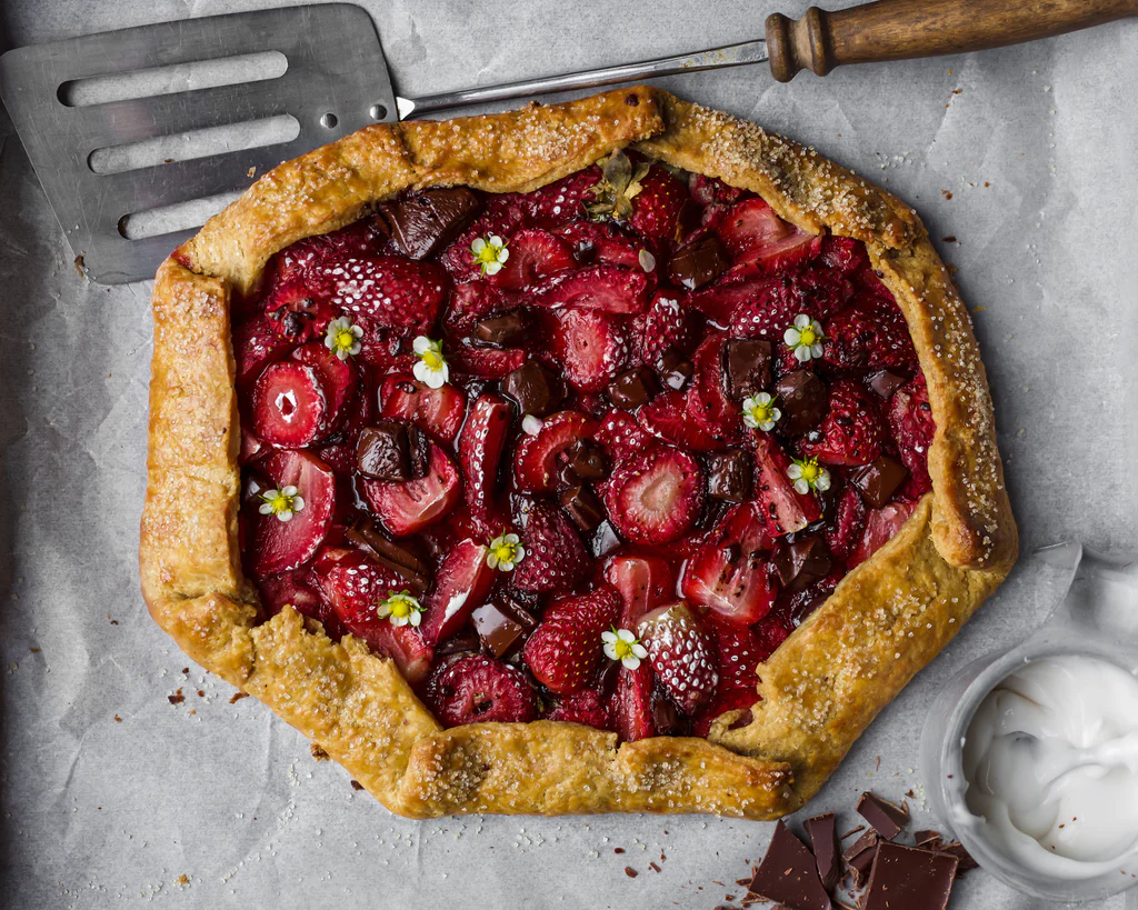 Chocolate strawberry galette on parchment paper, with a metal spatula to the upper left and a small dish of cream and…