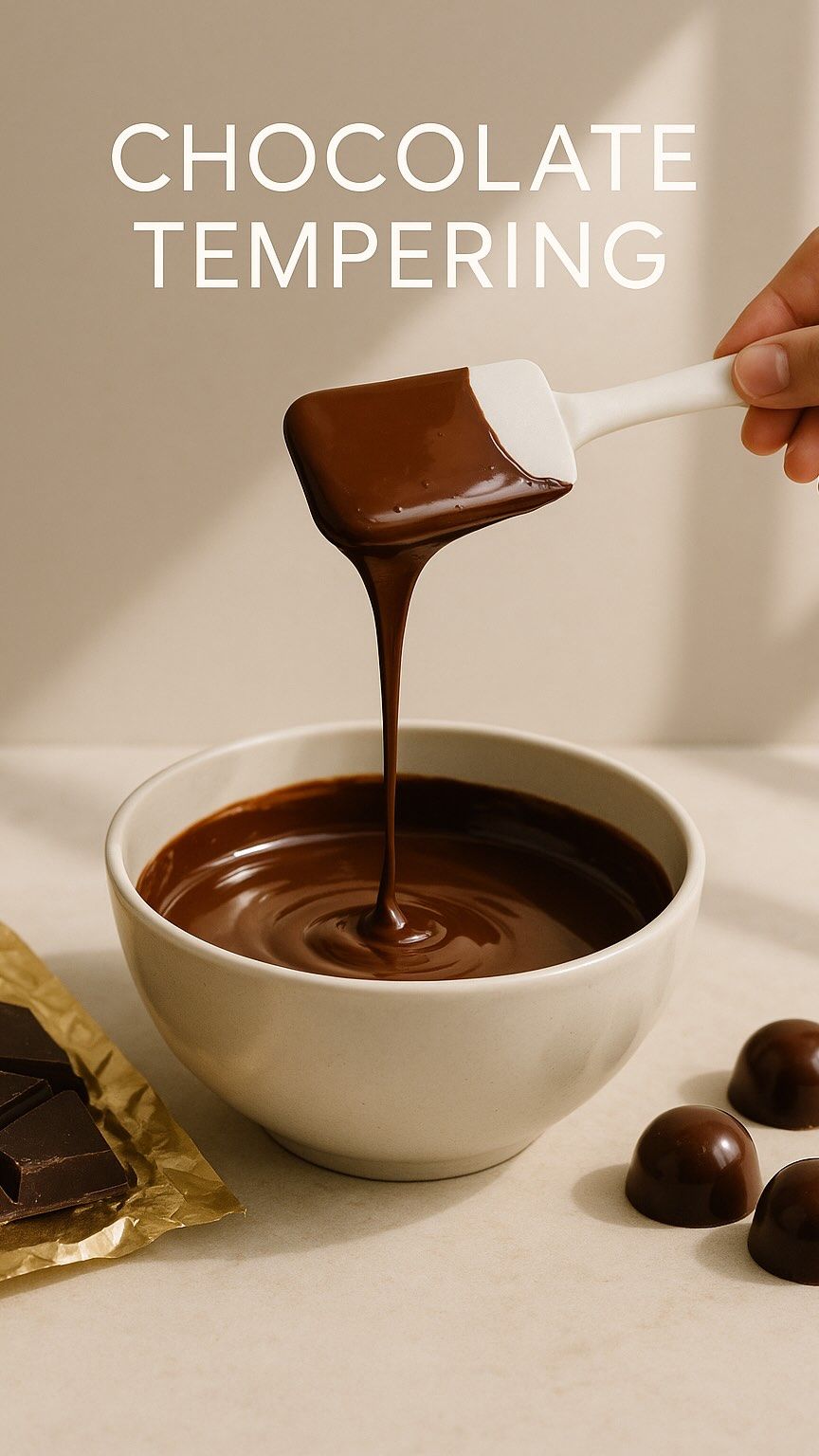 A hand holding a spatula dripping melted chocolate into a bowl, with chocolate bars and bonbons nearby.