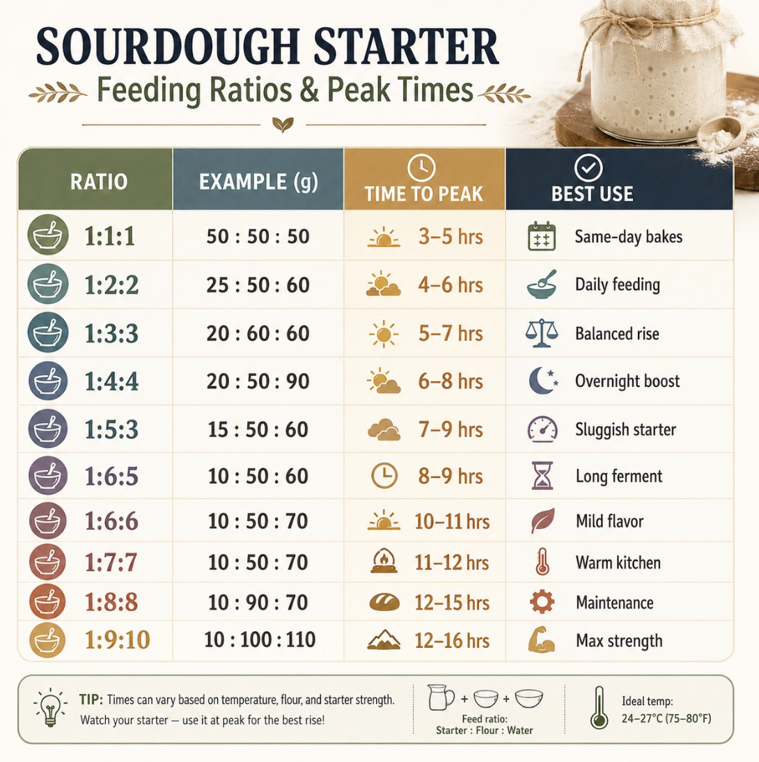 Chart showing sourdough starter feeding ratios, example gram measurements, time to peak, and best use cases for each ratio.