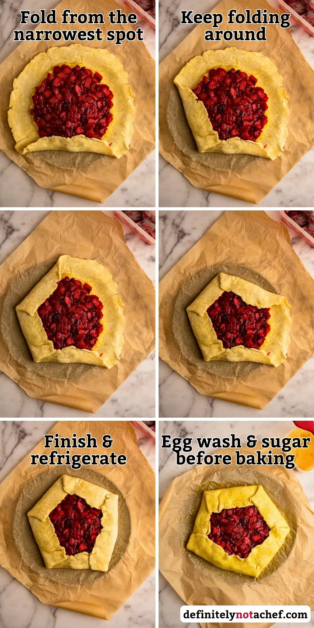 Collage of six images showing the step-by-step process of folding galette dough over fruit filling and applying an egg wash.
