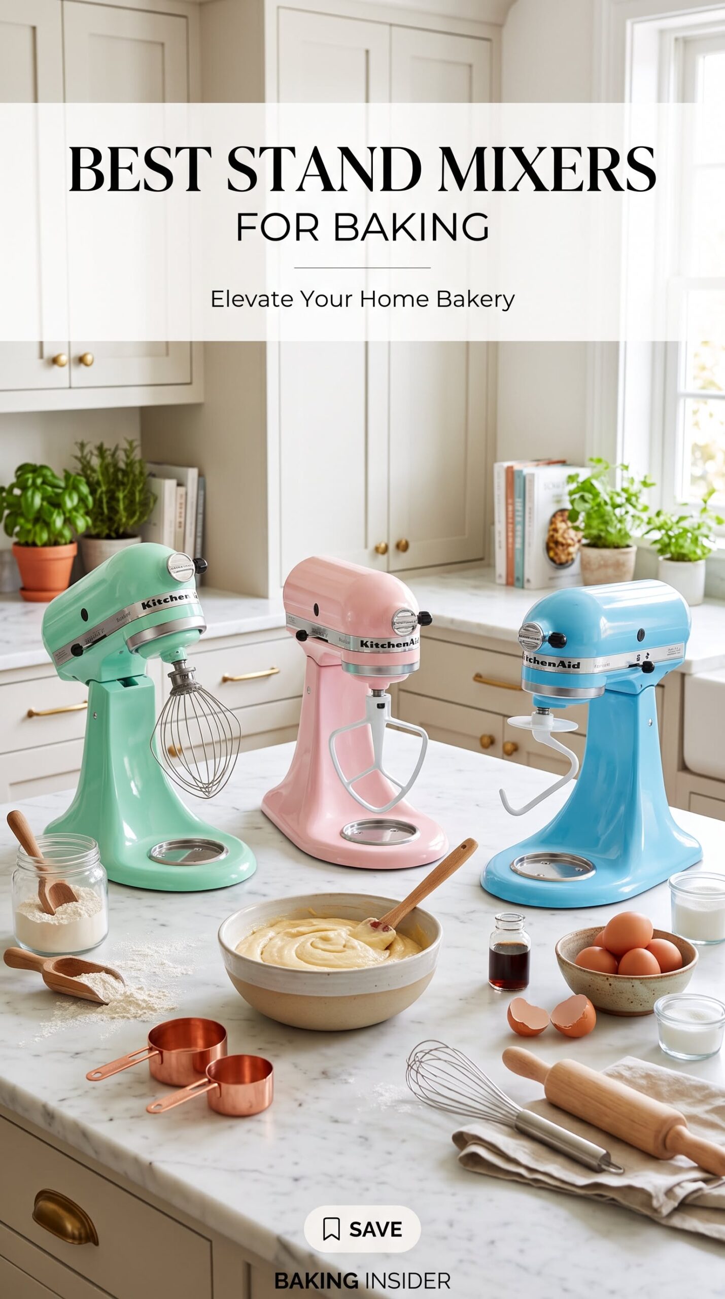 Three KitchenAid stand mixers in mint green, pink, and light blue on a kitchen counter with baking ingredients.