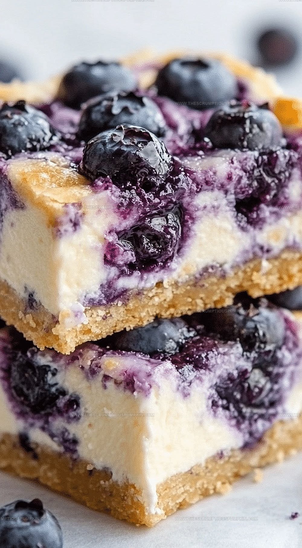 Two stacked blueberry cheesecake bars, showing the crust, creamy filling, and blueberries on top.