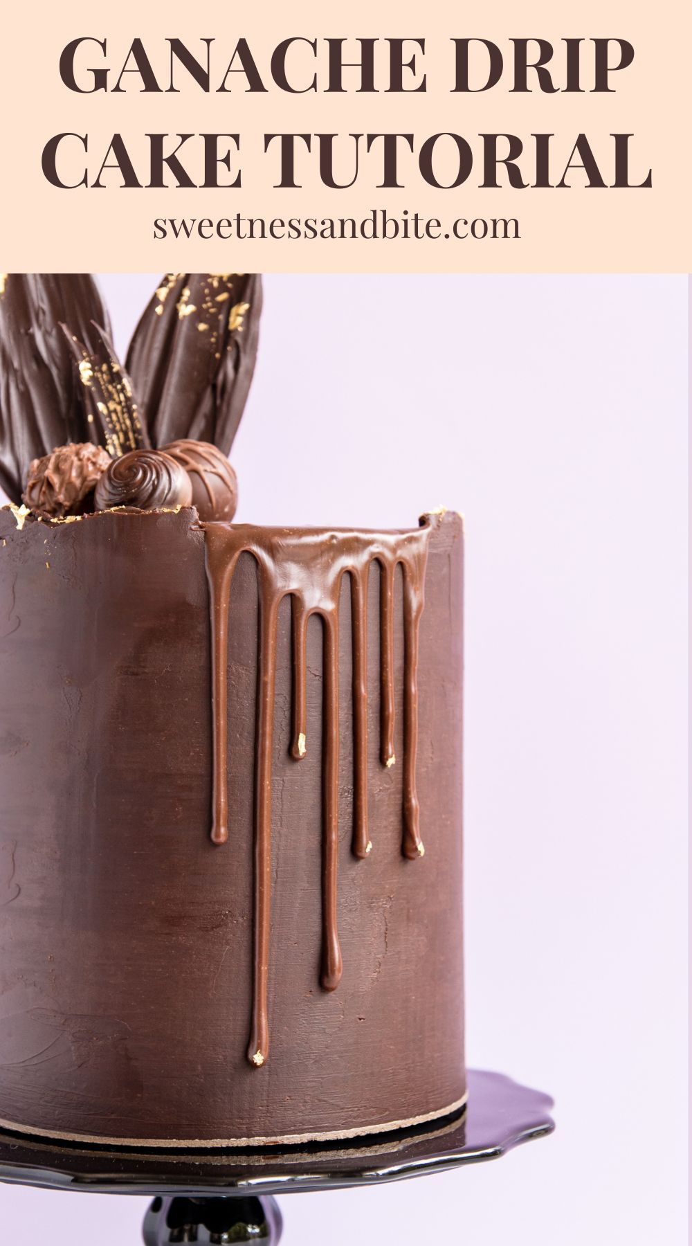 Close-up of a chocolate cake with chocolate ganache drips and chocolate decorative elements on top