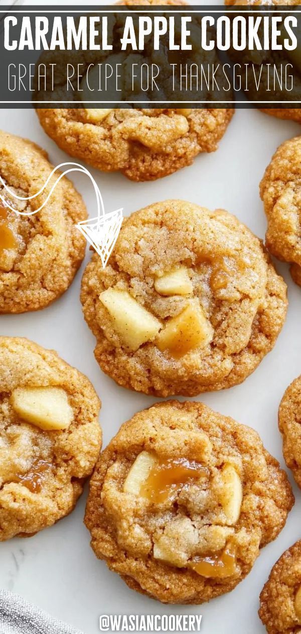 Close-up of several caramel apple cookies, showing the soft, chewy texture and pieces of apple and caramel within