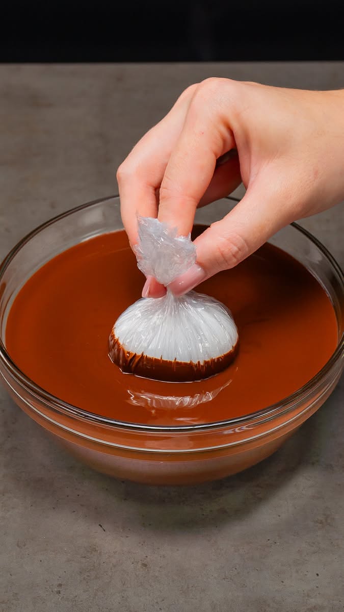 A hand holds a plastic-wrapped dessert, dipping it into a bowl of melted chocolate to create a shell.