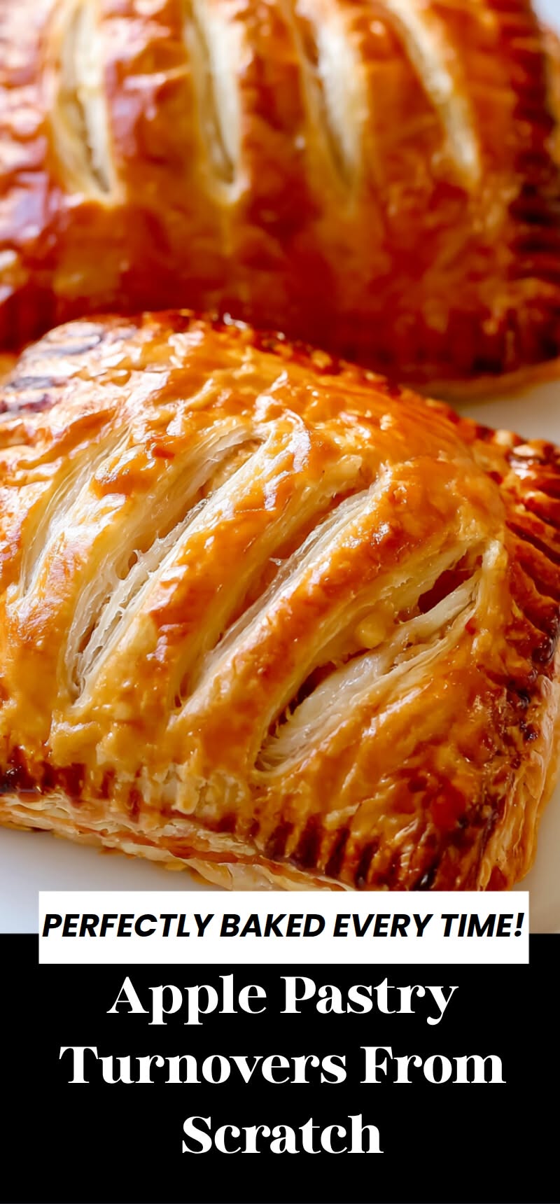 Close-up of a golden-brown, flaky apple turnover with visible pastry layers, resting on a white surface.