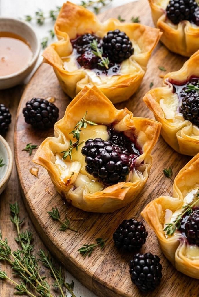 Baked phyllo cups filled with melted brie, blackberry compote, and whole blackberries, garnished with fresh thyme sprigs.