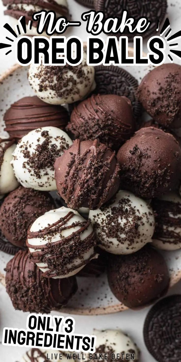 Close-up of many chocolate and white chocolate covered Oreo balls, some with chocolate drizzle and cookie crumbs.