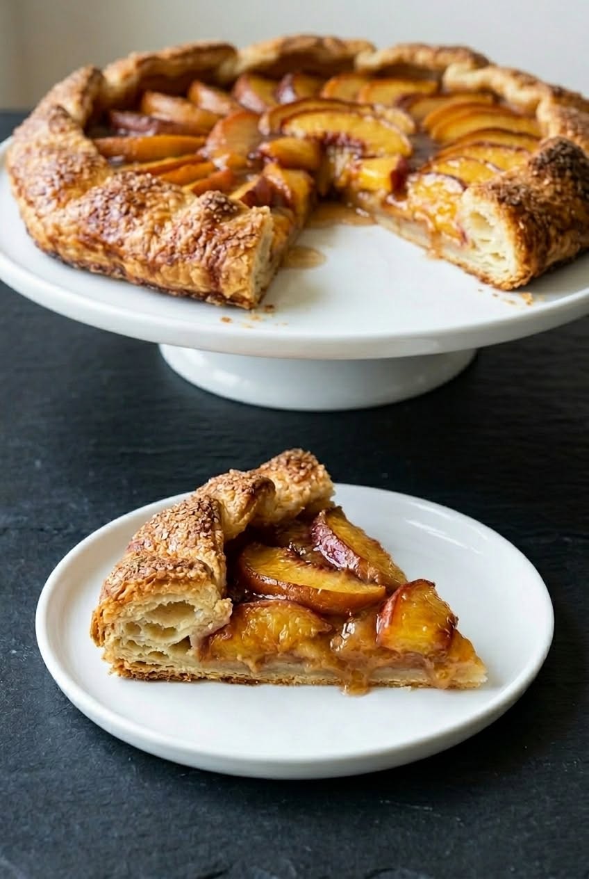 Close-up of a slice of peach galette on a white plate, showing the flaky layers of the crust and glistening peach filling.