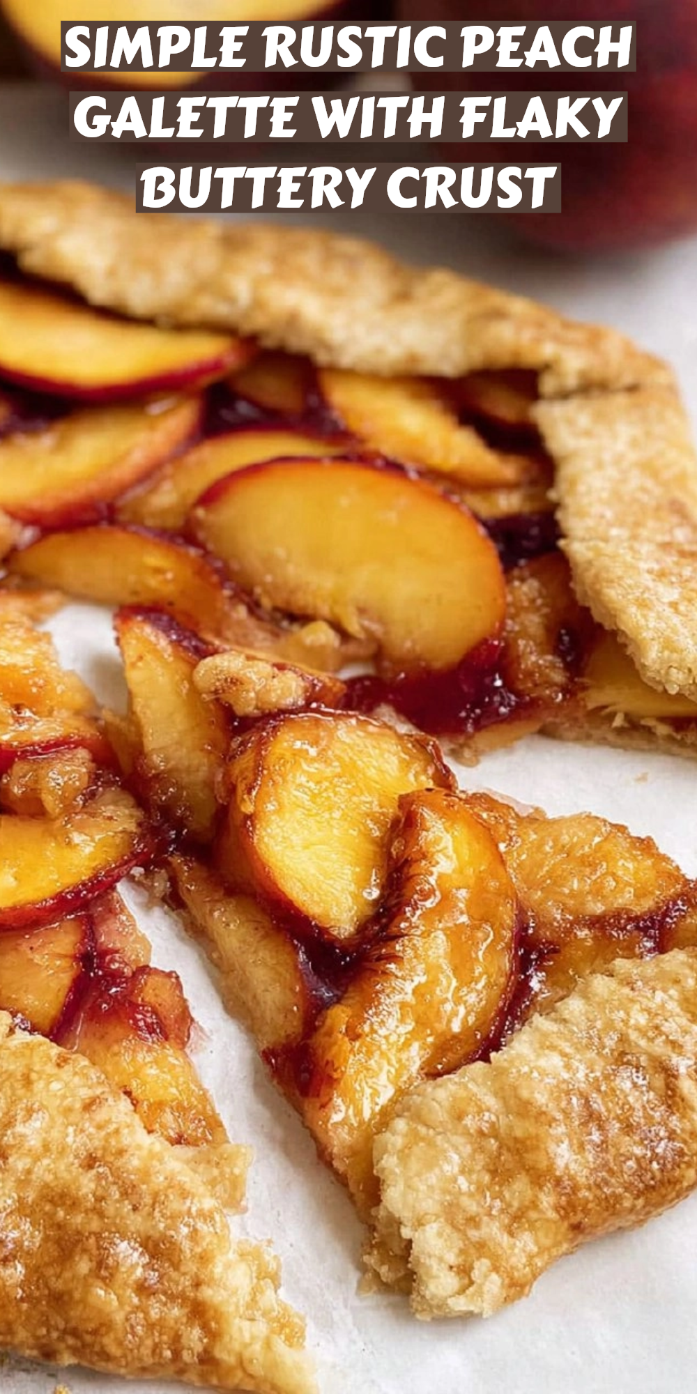 Close-up of a rustic peach galette, sliced with some pieces pulled apart, revealing the juicy peach filling and flaky crust.