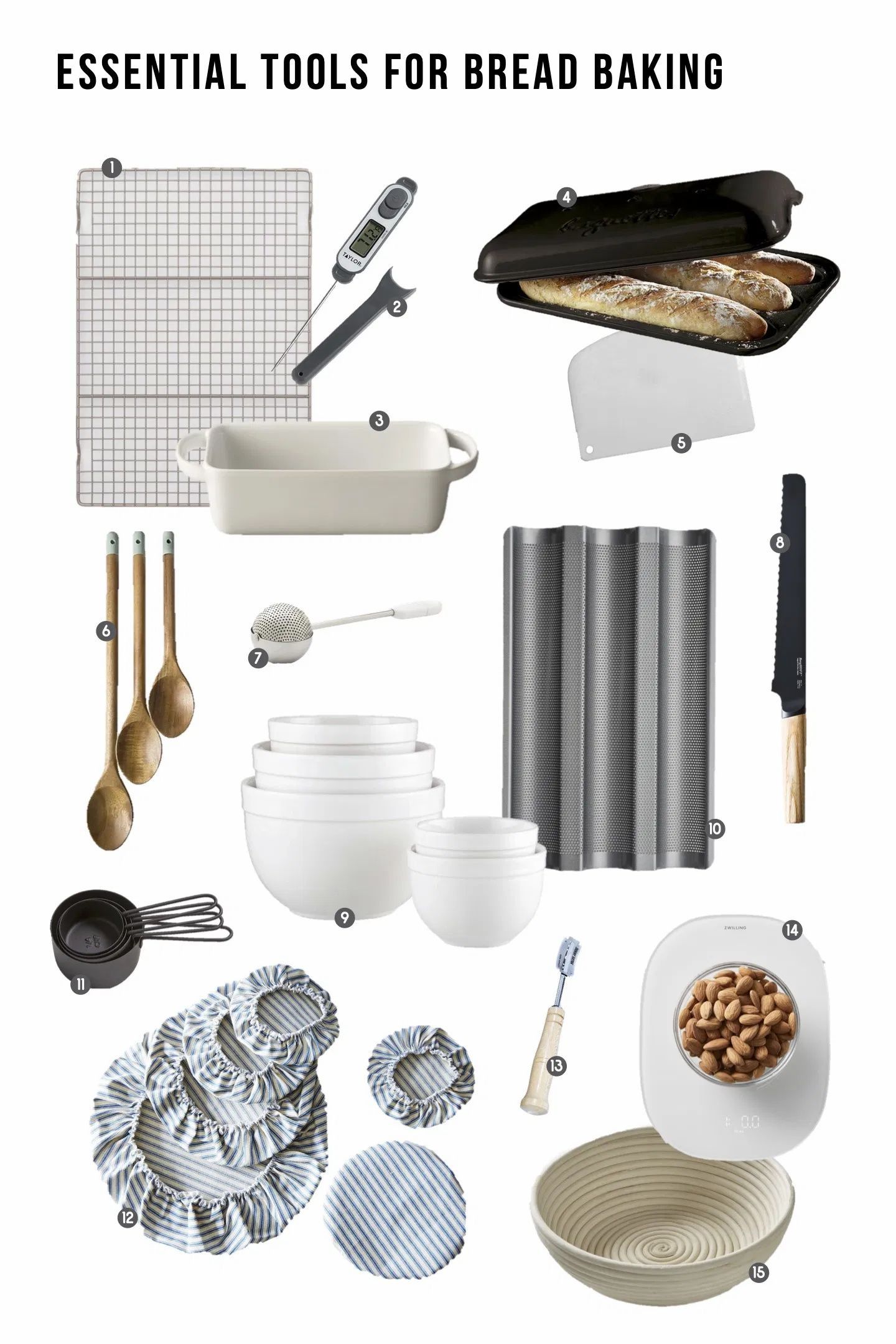 An array of tools for bread baking, including a cooling rack, digital thermometer, proofing basket, and various bowls.