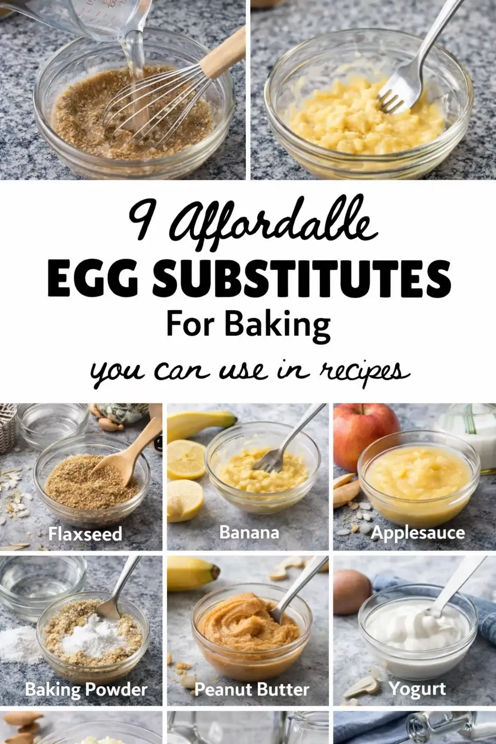 Top-down view of six small glass bowls, each containing a different common egg substitute, labeled as flaxseed, banana…