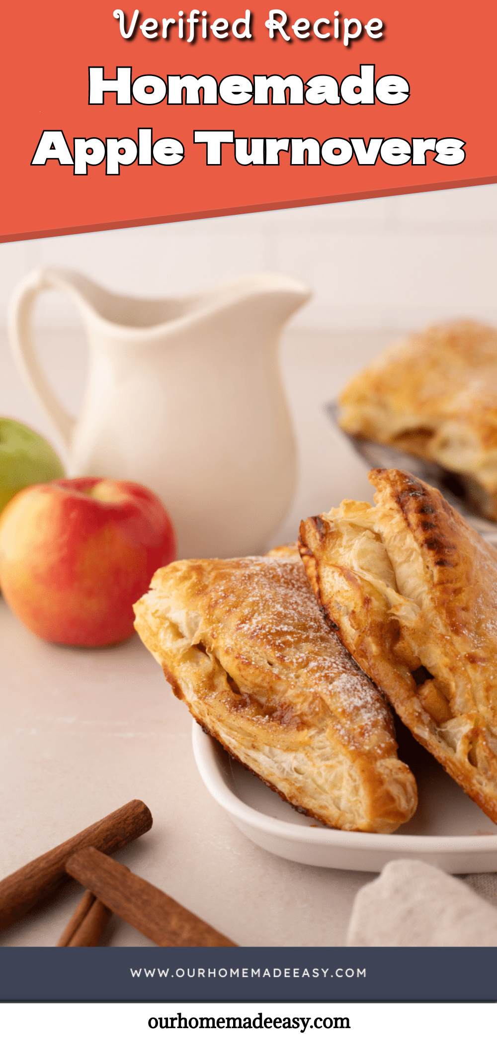 Two baked apple turnovers on a white plate, one slightly open to show apple filling.