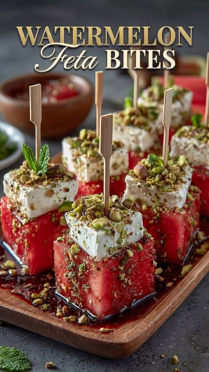 Watermelon cubes topped with feta and pistachios, drizzled with glaze and served on small skewers on a wooden tray.