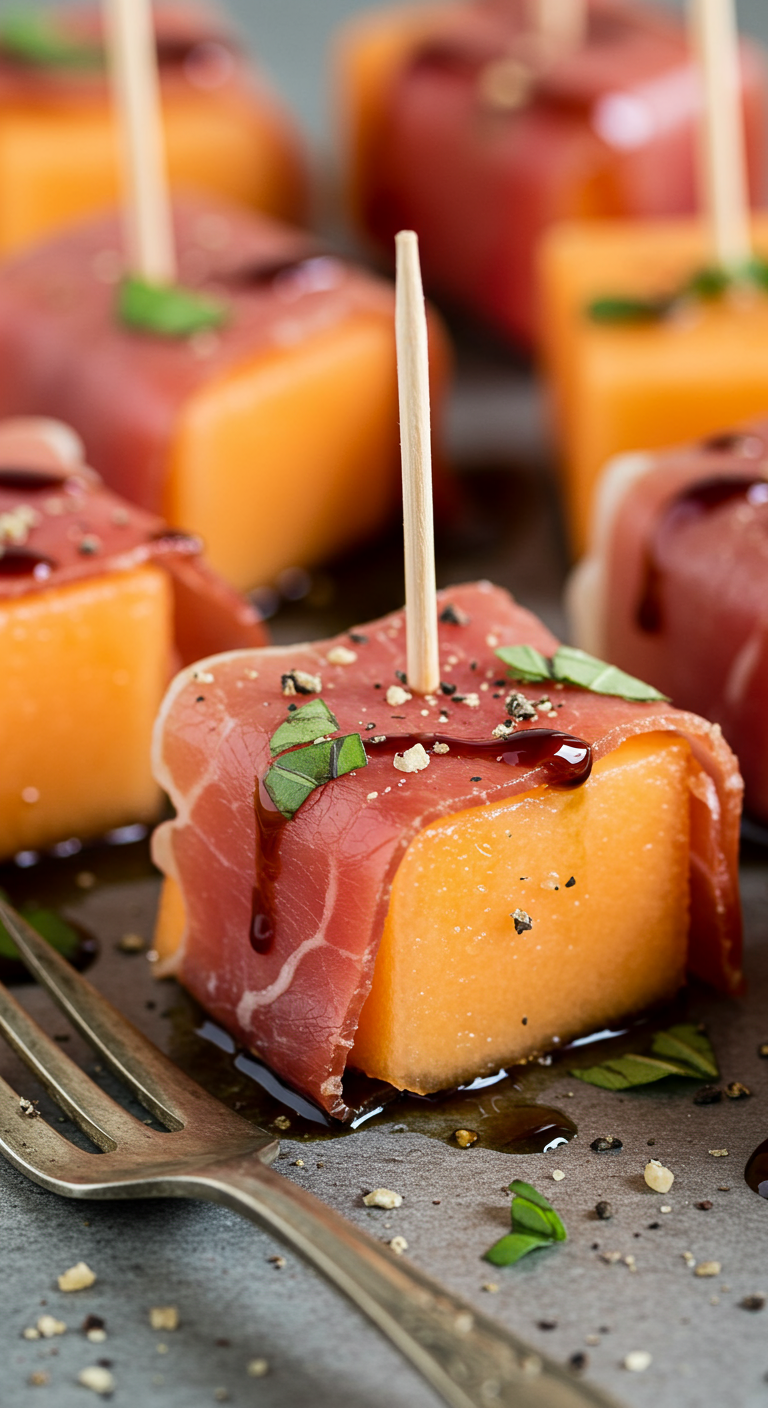 Cantaloupe cubes wrapped in prosciutto, drizzled with balsamic glaze and herbs, each pierced with a toothpick.