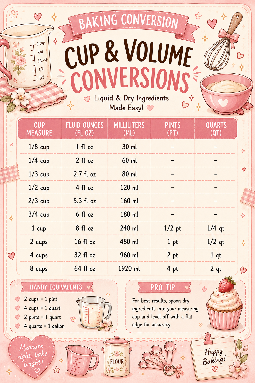 Illustrated baking conversion chart for cup and volume measurements, showing fluid ounces, milliliters, pints, and quarts.