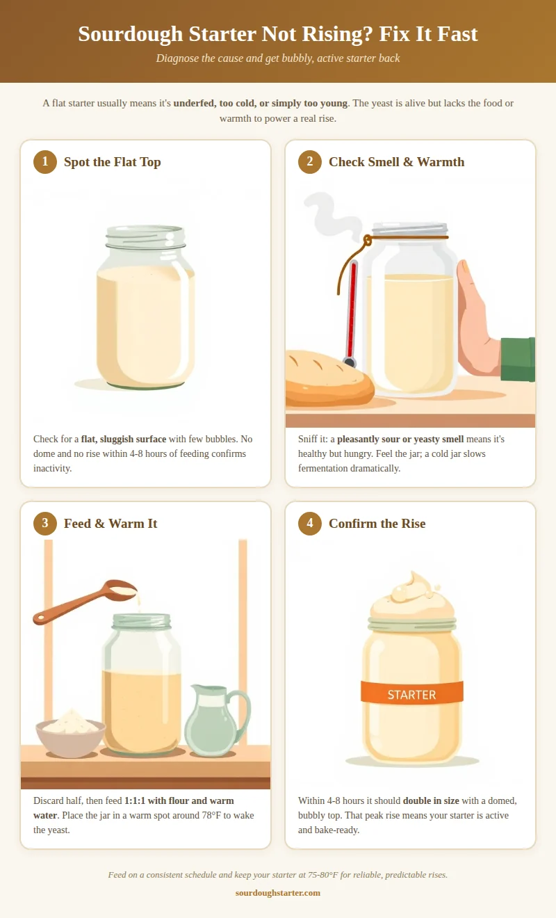 Side-by-side jars showing flat sourdough starter and bubbly risen starter with feeding ratio guidance
