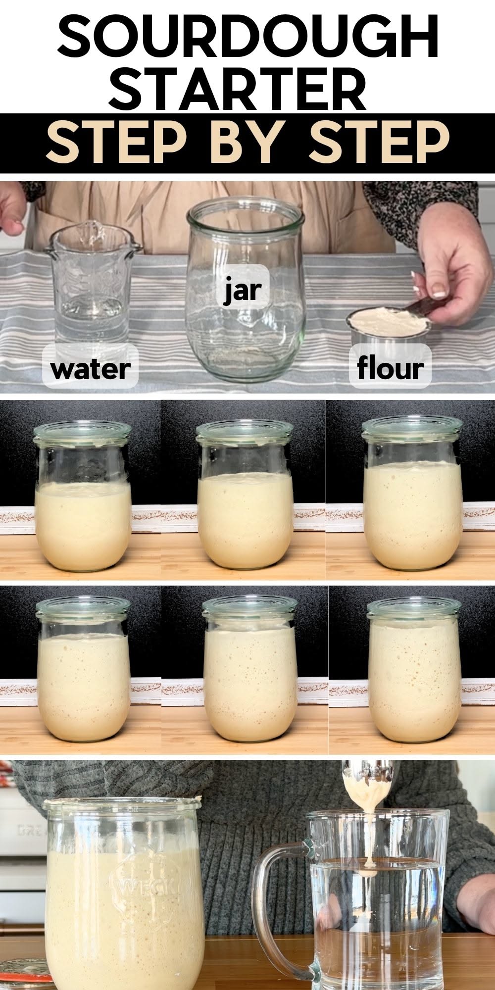 A person preparing to make sourdough starter, showing a jar, a measuring cup with water, and a cup of flour.
