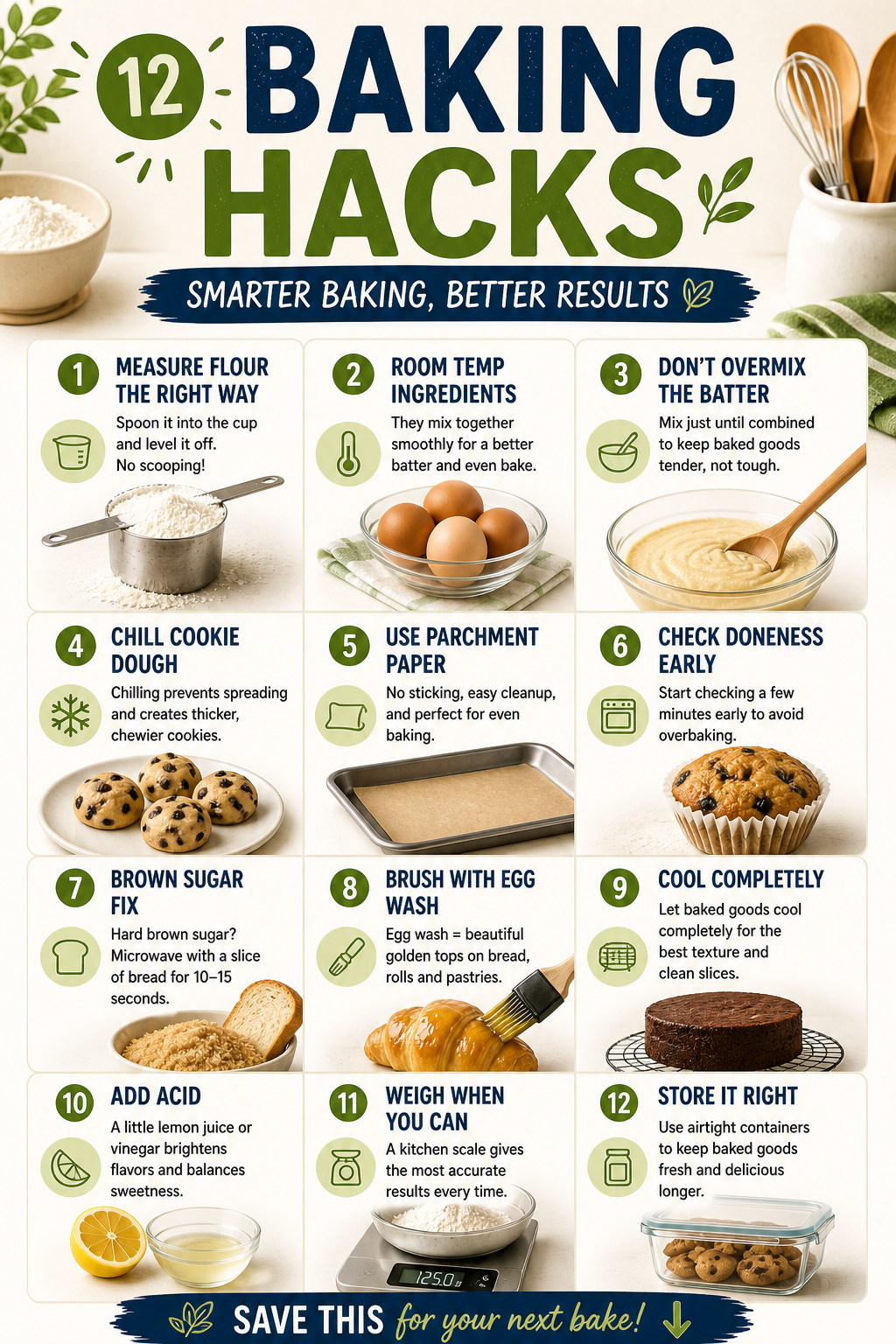 Twelve labeled baking tips shown with illustrations and examples, including measuring flour, room temperature ingredients…