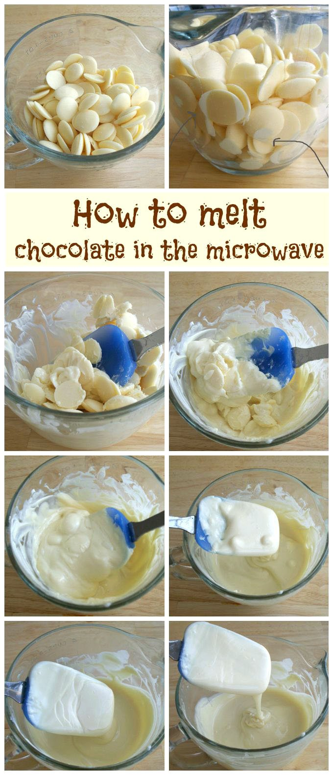 Sequence of six images showing white chocolate wafers melting in a glass measuring cup with a blue spatula.