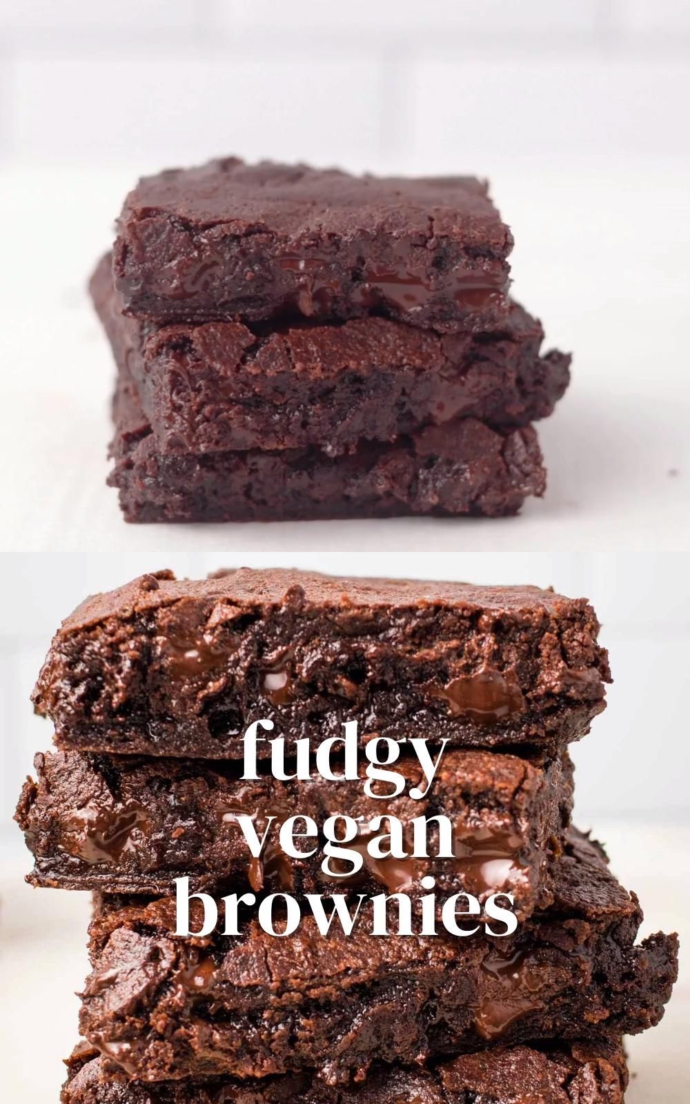 Stack of several dark brown brownies, some with visible melted chocolate chunks within the crumb.