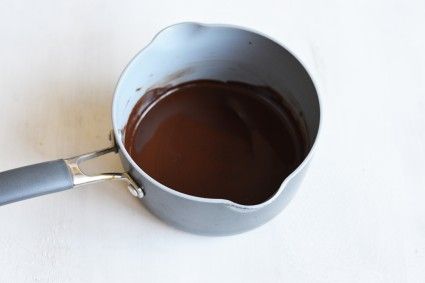 Melted chocolate in a small gray saucepan with a dark gray handle on a white surface