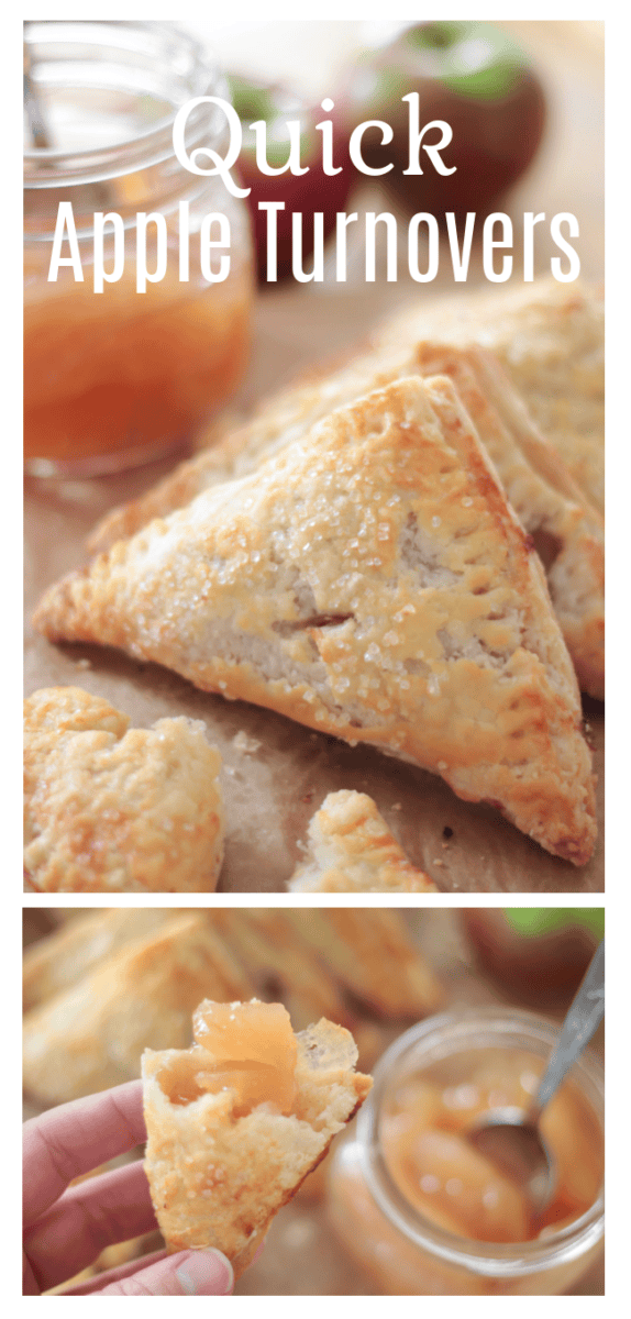 Hand holding a broken apple turnover, revealing a generous apple filling, with a jar of filling in the background.