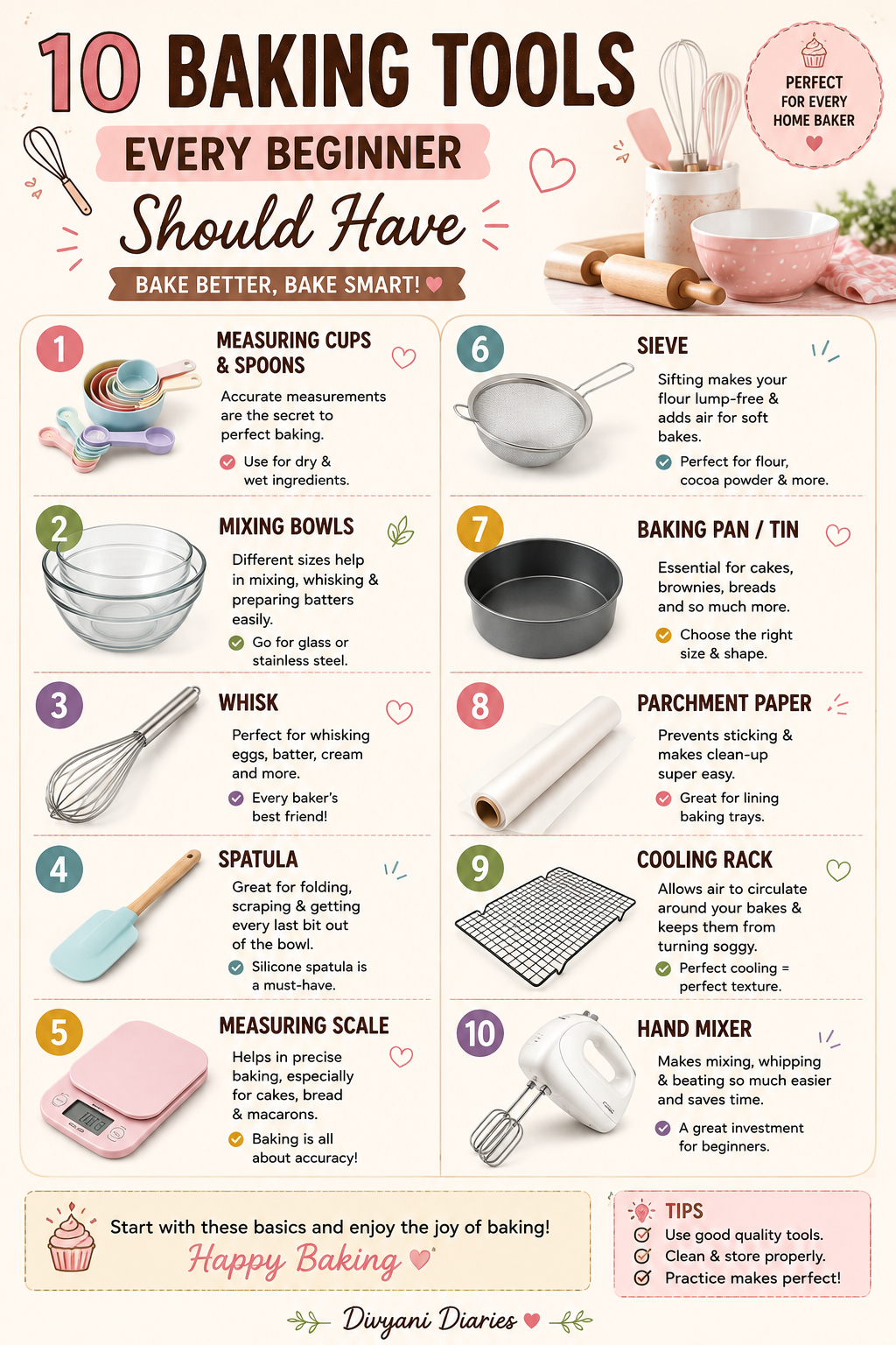 Infographic showing ten essential baking tools for beginners, including measuring cups, mixing bowls, whisk, spatula, scale…