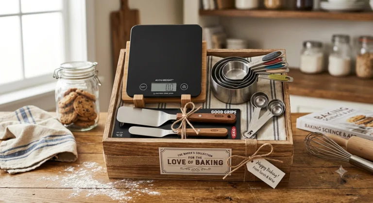 Baking gift assortment arranged with a digital scale, silicone spatula, baking mat, and bench scraper