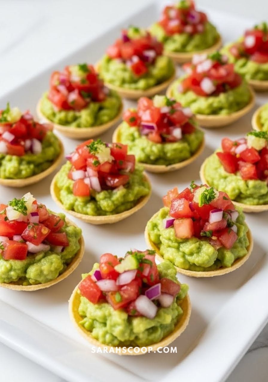 Small, individual servings of guacamole topped with diced tomatoes and red onions, presented in mini edible pastry shells on…