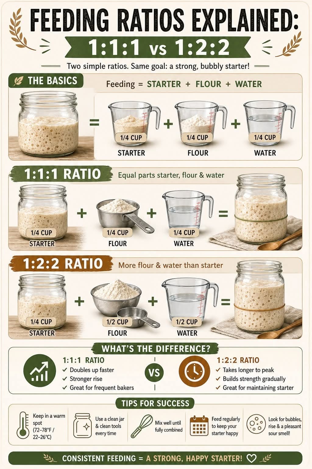 Infographic comparing 1:1:1 and 1:2:2 sourdough starter feeding ratios with measurements and benefits listed.