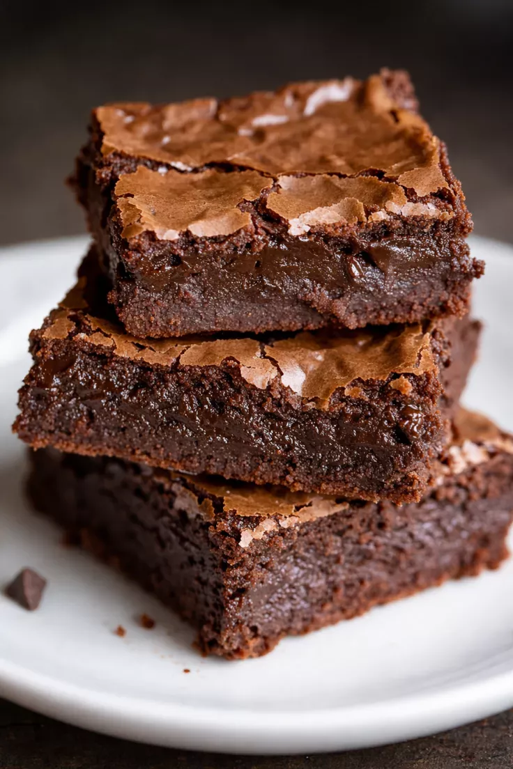 Three rich, dark chocolate brownies stacked on a white plate, showing their moist, dense interior and crinkled tops.