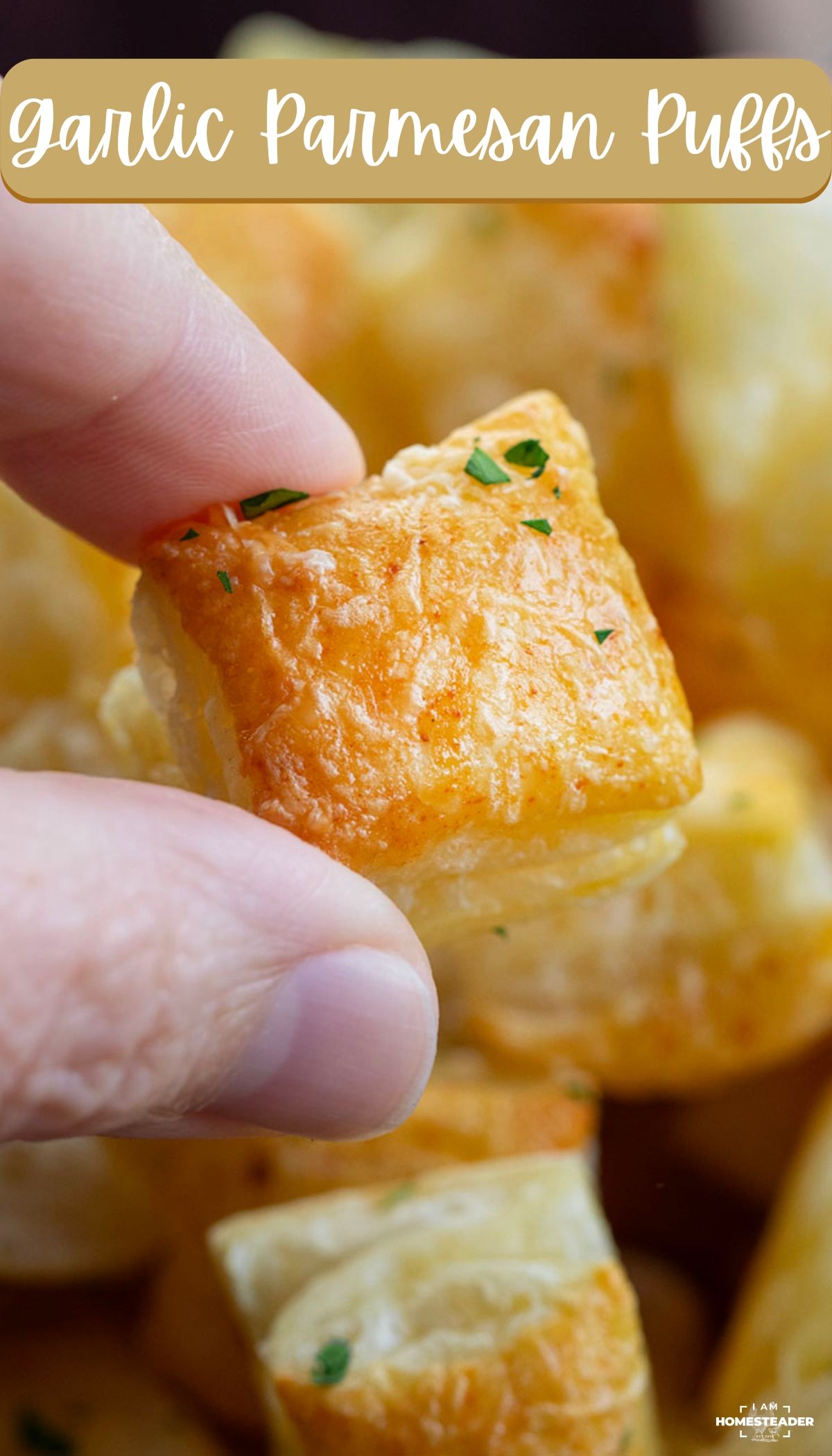 A hand holds up one golden-baked garlic parmesan puff, topped with melted cheese and green herbs.