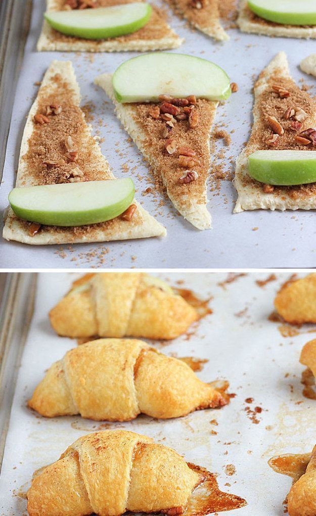 Unbaked crescent dough triangles topped with apple slices, brown sugar, and nuts on a baking sheet, followed by a second…