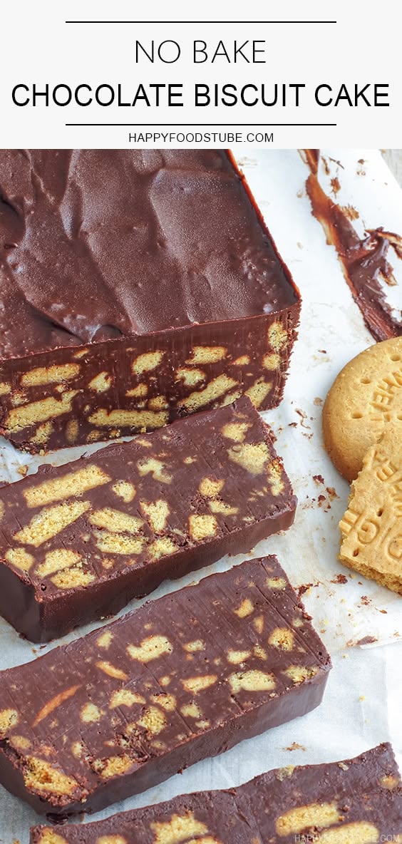 Slices of chocolate biscuit cake with whole biscuits on the side