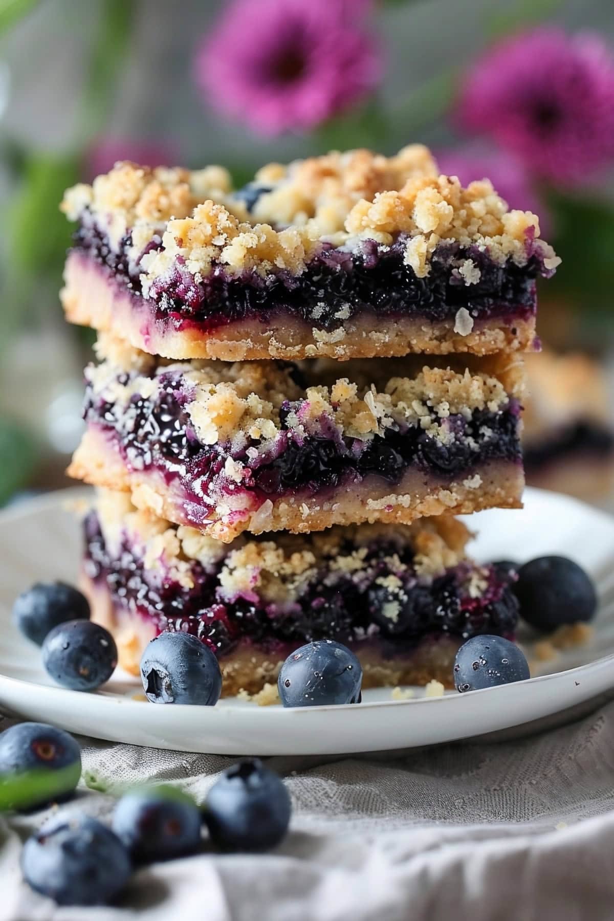 A stack of three blueberry crumble bars on a white plate, with loose blueberries scattered around.