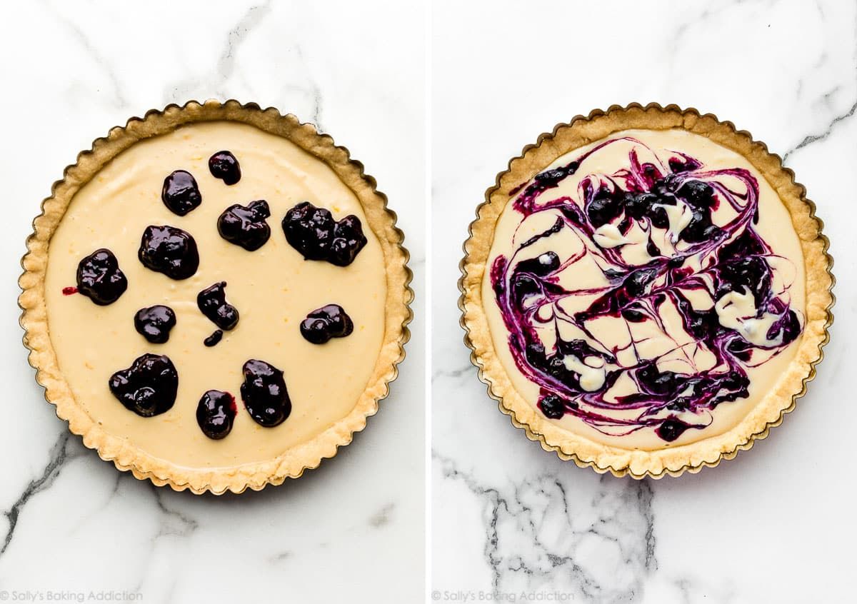 Lemon blueberry tart in two stages of preparation, one with dollops of blueberry on filling, the next with a blueberry swirl