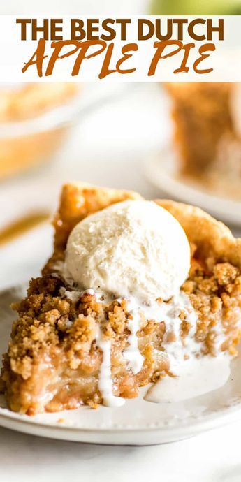 Slice of Dutch apple pie with a scoop of melting vanilla ice cream on a white plate.