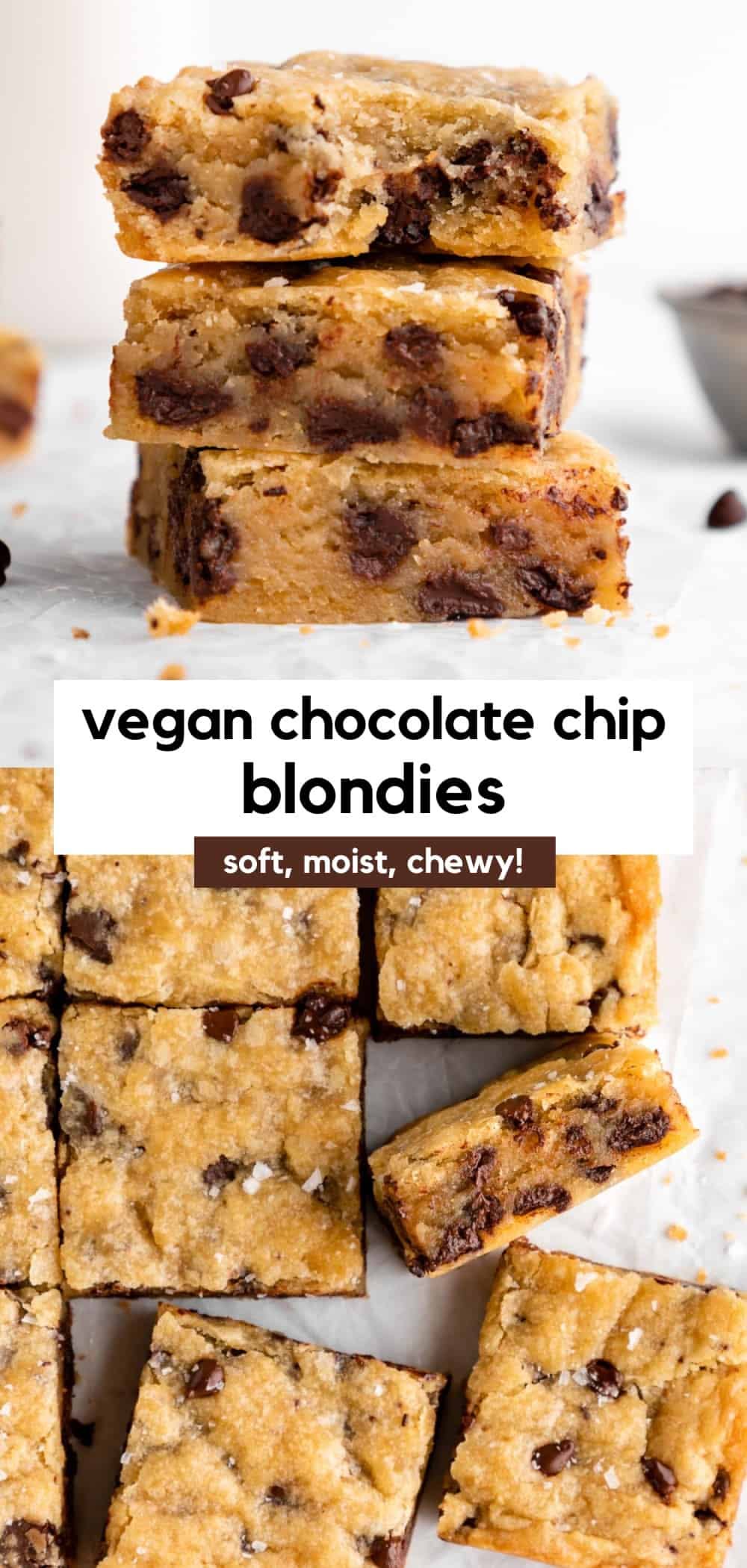 Stack of three vegan chocolate chip blondies on white parchment paper, with more scattered around.