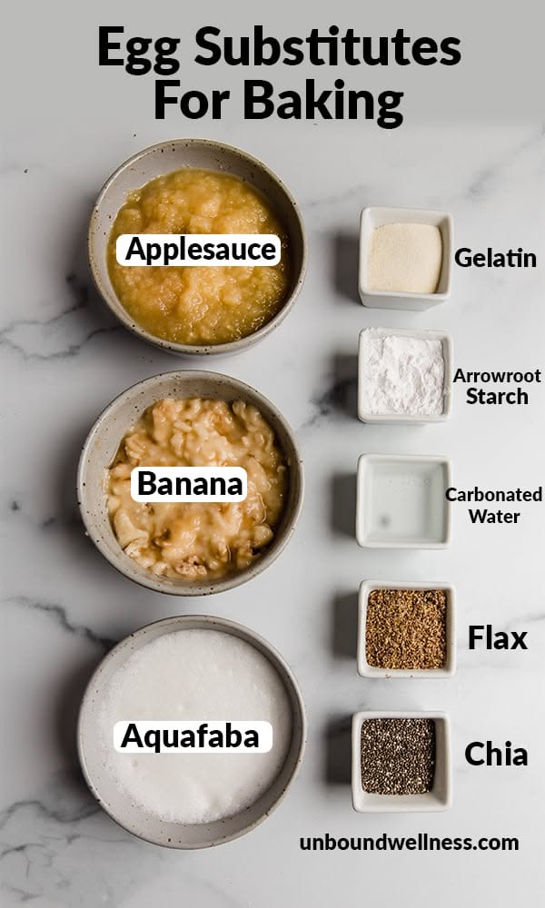 Small bowls and dishes containing applesauce, mashed banana, aquafaba, gelatin powder, arrowroot starch, carbonated water…