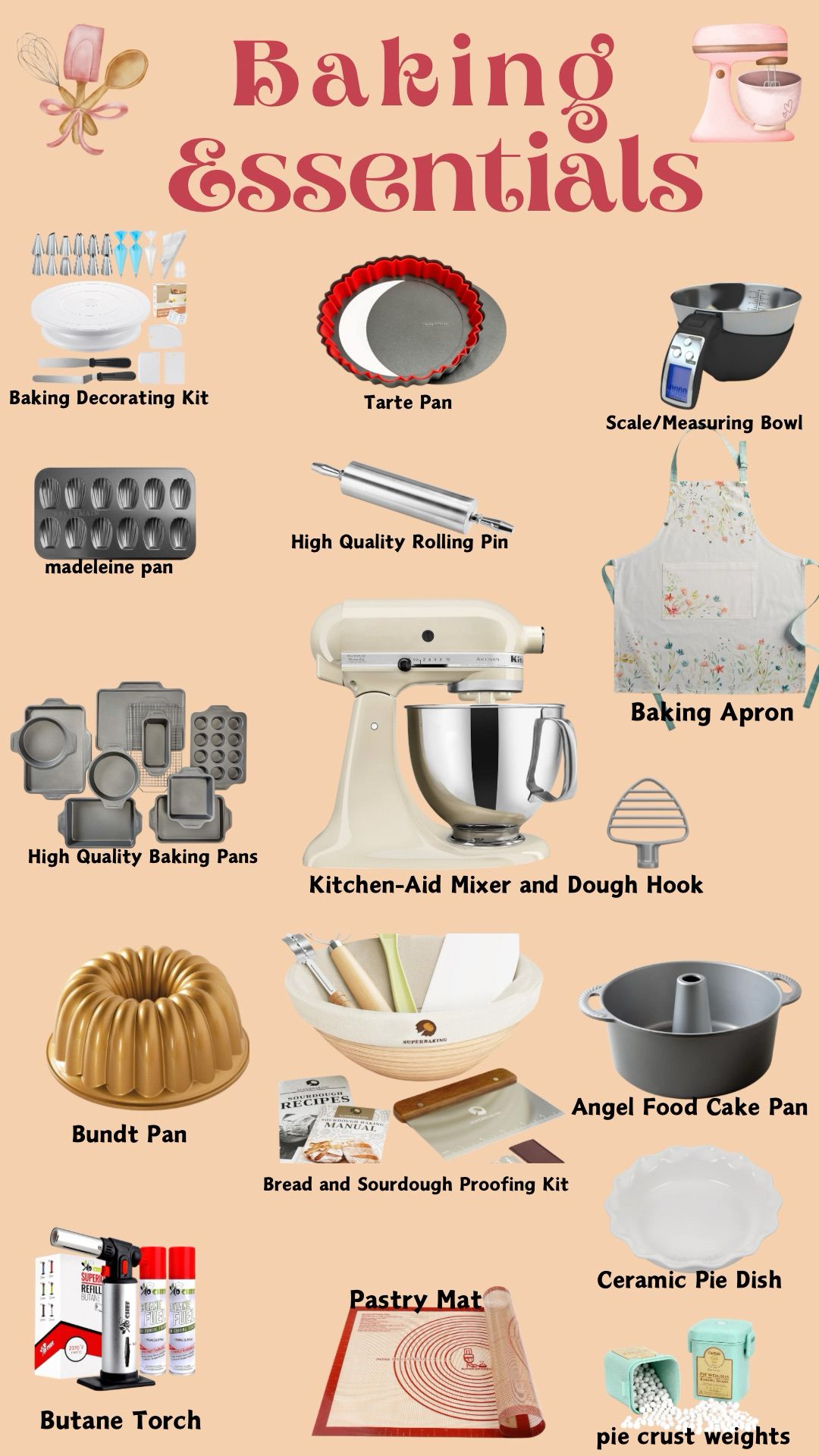 A metal rolling pin, a red silicone pastry mat with measurements, and two containers of white ceramic pie weights.